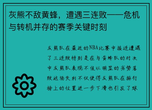 灰熊不敌黄蜂，遭遇三连败——危机与转机并存的赛季关键时刻