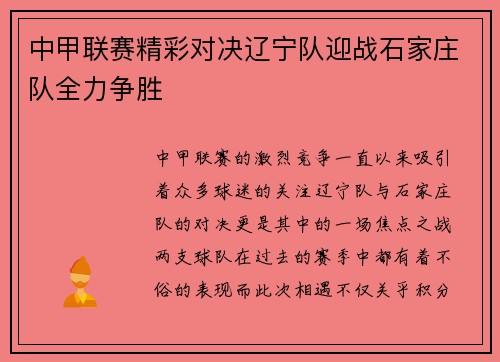 中甲联赛精彩对决辽宁队迎战石家庄队全力争胜